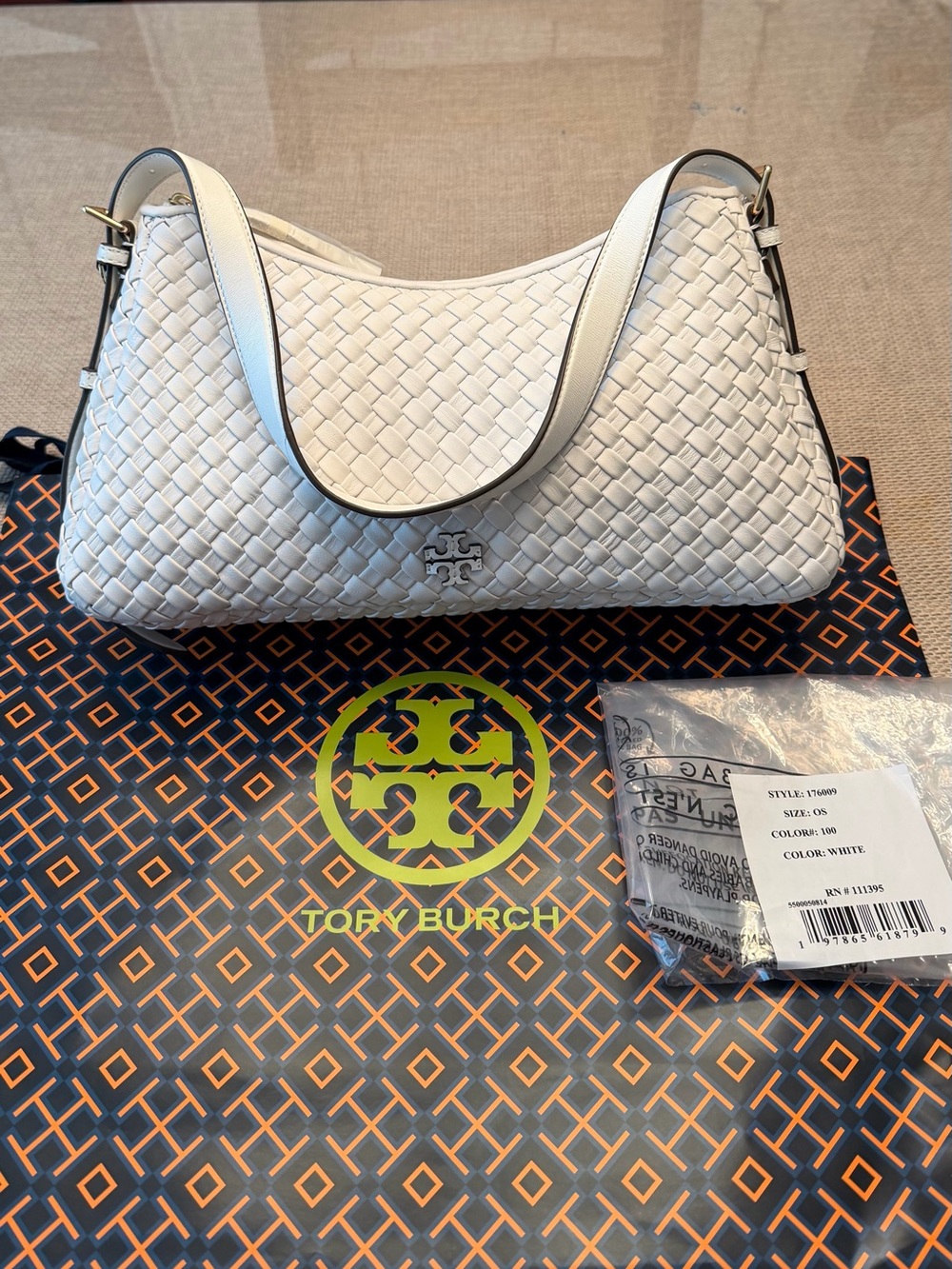 Authentic Tory Burch Ivory Woven Shoulder Bag with Logo Accent Retails $775